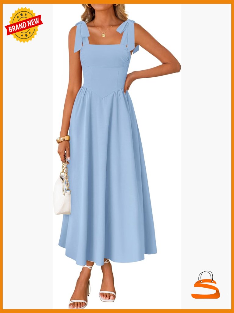Spaghetti Strap Maxi Dress Square Neck Sleeveless A-Line Smocked Back Pockets